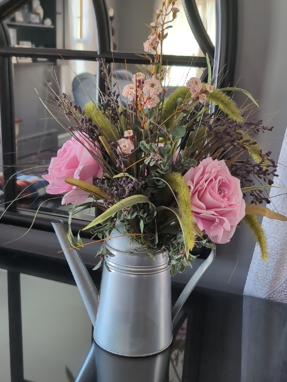 Pink Rose Faux Floral Arrangement in Silver Watering Can